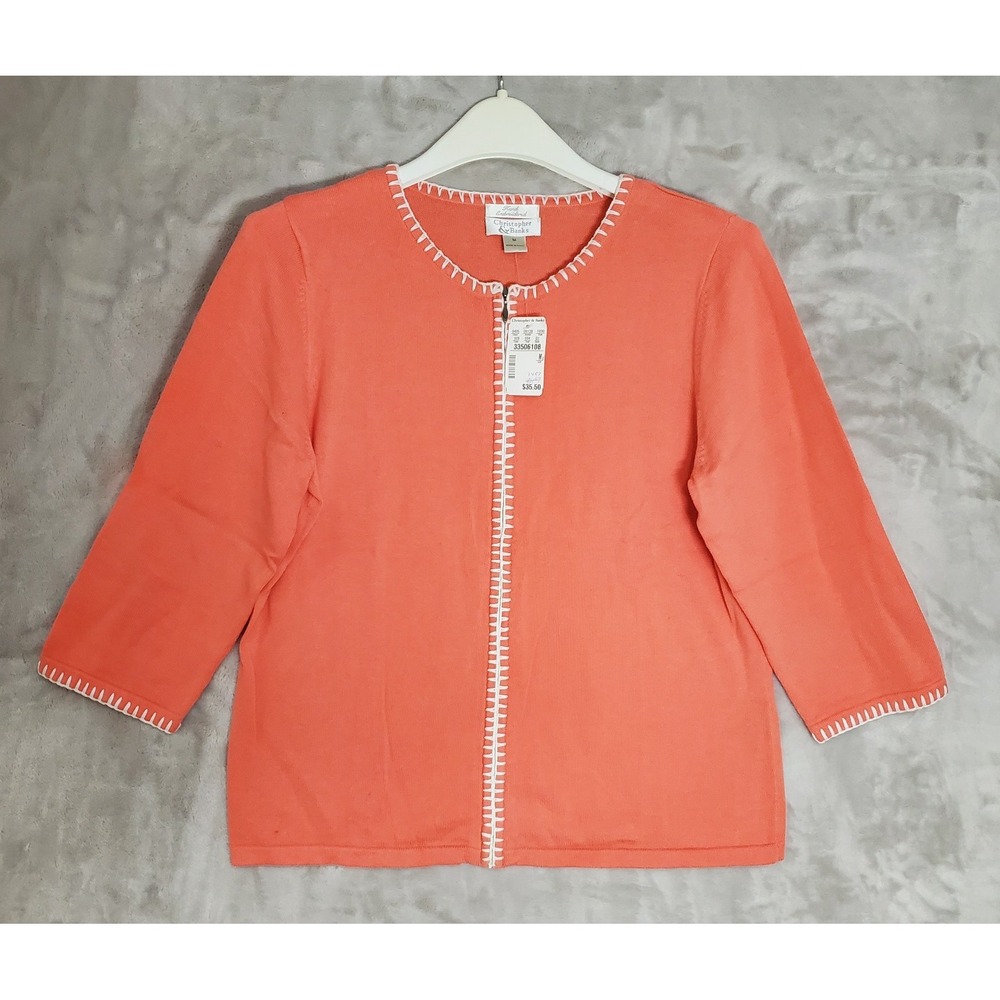 Christopher & Banks Sweater Womens M Coral Pink Zip Cardigan Embroidered NWT